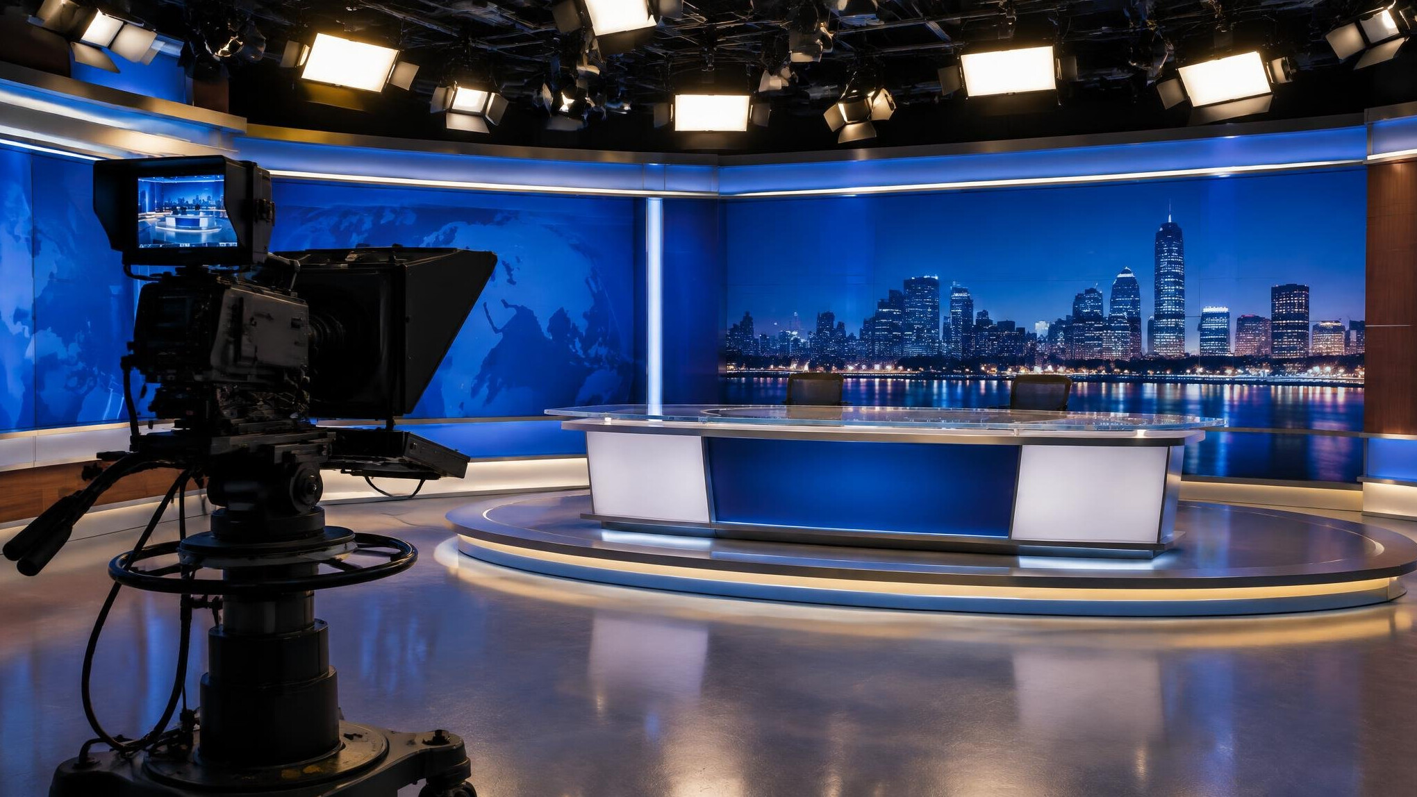 Television news studio with camera and lighting rig