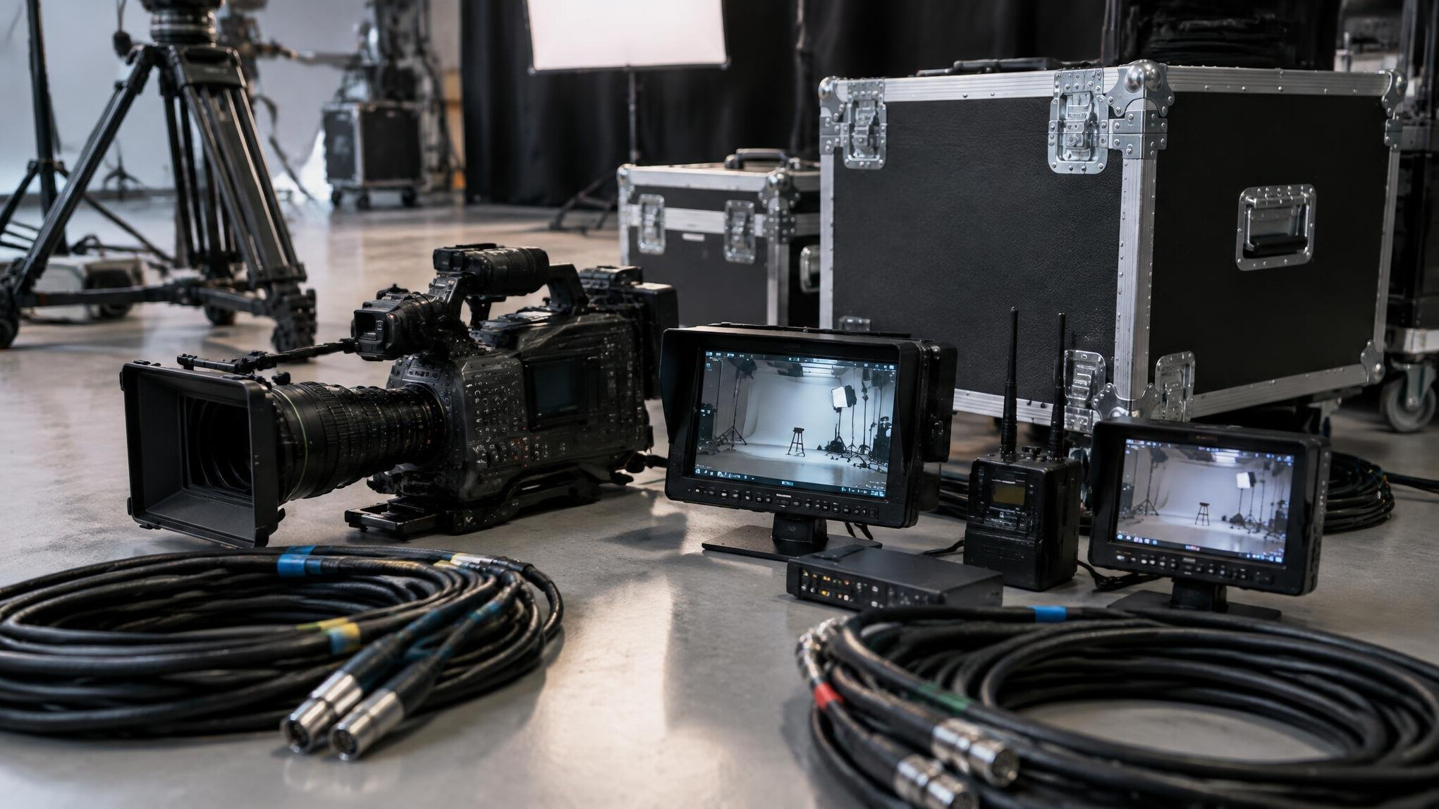 Film and broadcast equipment on a studio set