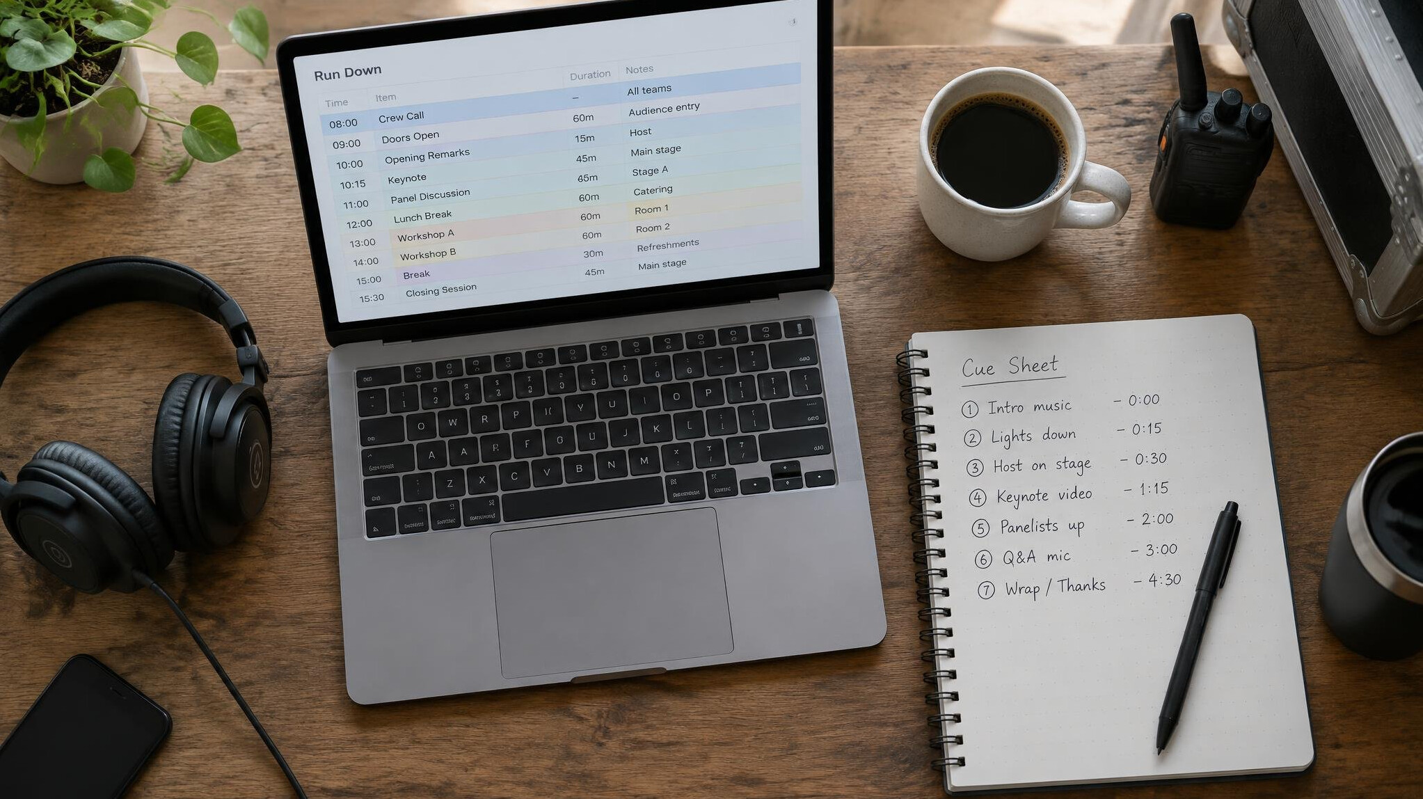 Laptop and production planning notes on a desk